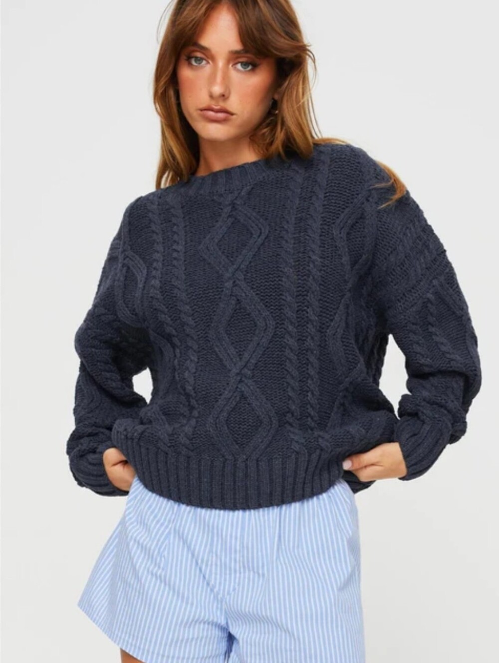 Garage Anaya Navy Cable Knit Crewneck Oversized Sweater Size S